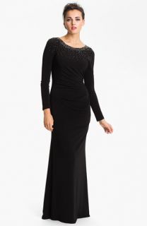 JS Boutique Ruched Off the Shoulder Jersey Gown