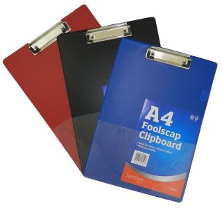  Board A4   BLACK, BLUE or RED   Clipboards with Pen Holder & Foolscap