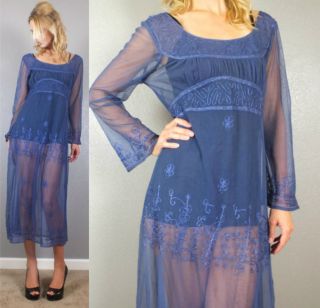 Vtg 80s Sexy Sheer Blue Embroidered Net Empire Waist Maxi Dress s M