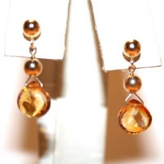  Yellow Gold Natural Citrine Solitaire Stud Drop Dangle Earrings