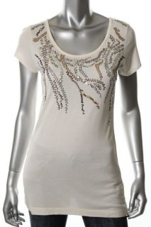 Charter Club New Ivory Short Sleeve Embellished Scoop Neck Casual Top