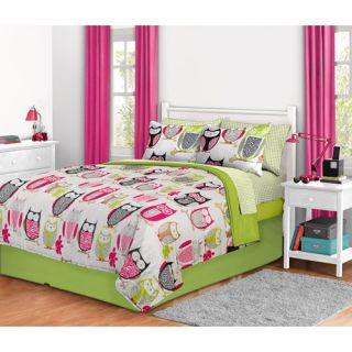 8PC Girl Green Pink Owl Zebra Bird Queen Comforter Set Bed in A Bag