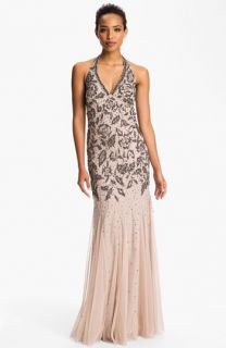 Adrianna Papell Beaded Mesh Halter Gown