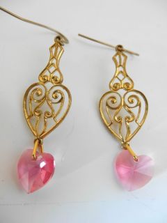 Goldtone Pink Crystal Heart Dangle Hoop Dangle Pierced Earrings