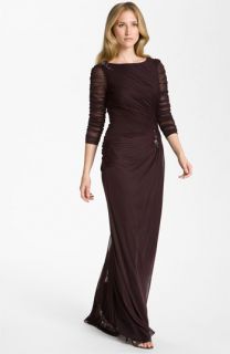 Adrianna Papell Sheer Sleeve Ruched Mesh Gown