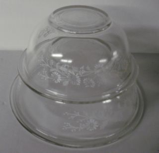  Pyrex Glass Nesting Bowls Clear with White Flowers 2 Bowls