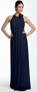 JS Collections Navy Blue Pleated Mesh Ruffle Long Formal Halter Dress