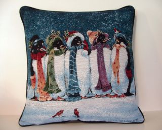 Christmas Caroling Penguins w Hats Scarfs Lynne Jones Tapestry Pillow