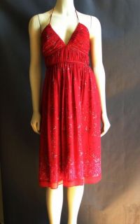 BCBG Max and Cleo Red Silk Chiffon Floral Print Halter Sun Dress 2 XS