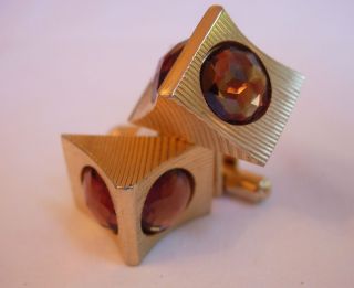 Vintage Mens Gold Tone Cufflinks Faceted Amber Colored Rhinestones