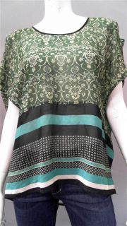Clover Canyon Misses L Silk Blouse Top Green Pattern Short Sleeve