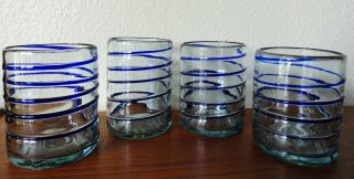 Vintage Mexican Handblown Glass Cobalt Blue Wine Water Glasses Set of
