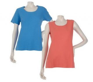 Denim & Co. Set of Short Sleeve T shirt & Tank with Lace Trim