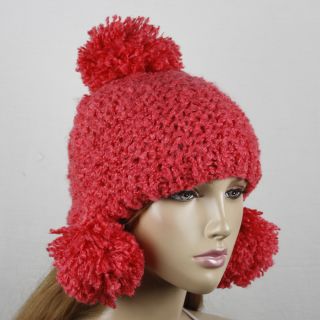 coral thick knit pom pom beanie hat material acrylic circumference 21