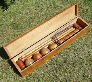 Vintage Complete WOODEN BOXED CROQUET SET    and Roebuck
