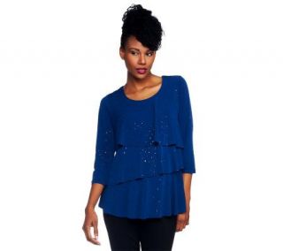 Susan Graver Liquid Knit 3/4 Sleeve Tiered Top with Sparkles