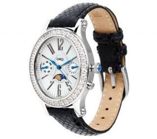 Diamonique Oval Face Silvertone Watch with Leather Strap —