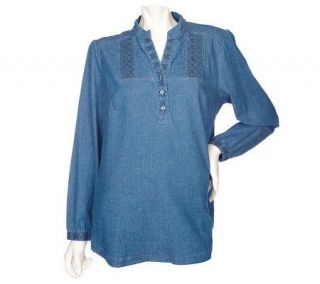 Denim & Co. Stretch Denim Tunic with Y slit Neckline & Embroidery 