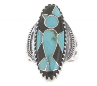 Smithsonian Turquoise & Onyx Inlay Bird Design Sterling Ring