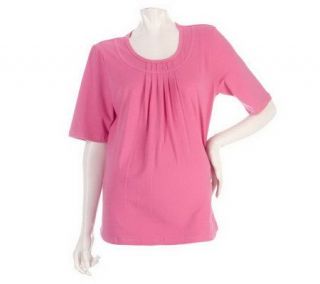 Denim & Co. Elbow Sleeve Round Neck T shirt with Pleat Detail