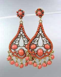  Coral Beads Gold Filigree Byzantine Style Chandelier Post Earrings