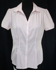 Jaclyn Smith Top Blouse M Coral White Stripe Button Front Short Sleeve