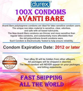 100 Durex Avanti Bare Non Latex Condoms Lubricated