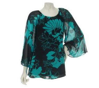 Dennis Basso Floral Print Trumpet Sleeve Top with Smocking Detail 