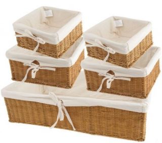 Set of 5 Honey Stained Storage Baskets with Canvas Lining —