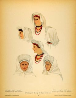 1937 Costume Romanian Women Head Coverings Sibiu Print Original