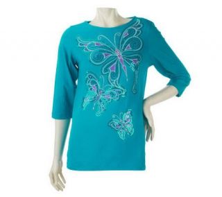 Bob Mackies 3/4 Sleeve Embellished Papillon Pullover —