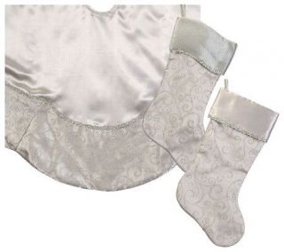 48 White Satin Tree Skirt w/Glitter & 2 Stockings by Sterling