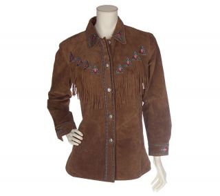 Bob Mackies Embroidered Fully Lined Leather Jacket w/Fringe Detail