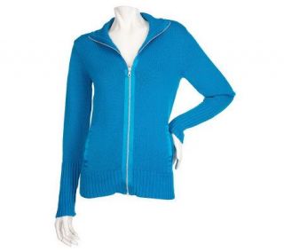 Susan Graver Cotton/Acrylic Zip Front Sweater with Charmeuse Trim 