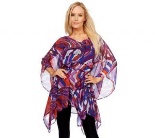 Kris Jenner Kollection Abstract Print Sheer Poncho with Tie Belt 
