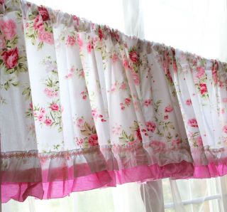 Shabby Country Chic Rose Ruffled Wildflower Pink White Kitchen Curtain