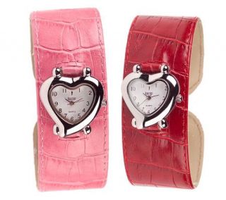 Set of 2 Simulated Leather Snap Watches w/Heart Shaped Faces