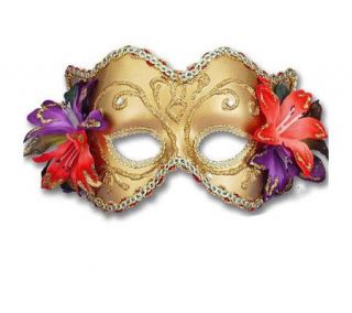 Goldtone Venetian Half Mask with Flowers —
