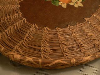 Old 1960s Coiled Pine Needle COUSHATTA BASKET TRAY Fine Floral Orange
