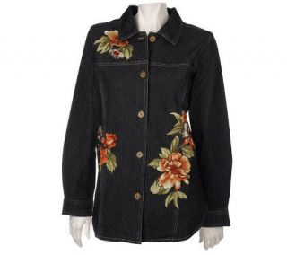 Denim & Co. Button Front Denim Shirt Jacket with Floral Applique