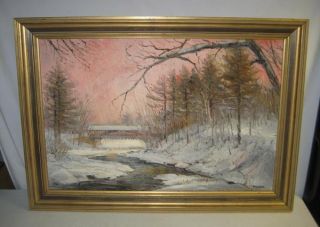  Packer Listed NH Winter Sunset Covered Bridge Mantle Painting