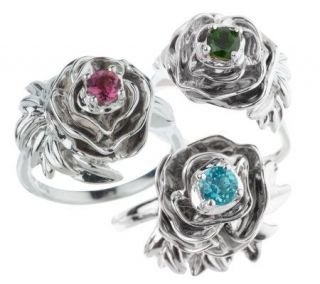 Sterling 0.60 ct tw Set of 3 Exotic Gemstone Flower Rings —