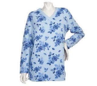 Denim & Co. Long Sleeve Knit Fleece Rose Print Tunic —