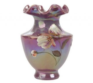 FentonArt Glass Handpainted Raspberry Glass Copper Rose Vase