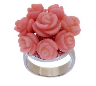Carved Pink Coral Floral Design Sterling Ring —