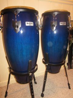 Conga Drum Set Headliner Percussion Blue Burst Wood w Adjustable Stand