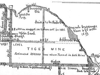 Small detail of map from book shows underground workings at the Tiger