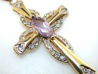 PURPLE & CLEAR CRYSTAL GOLD PLATED COSTUME JEWELRY CROSS PENDANT