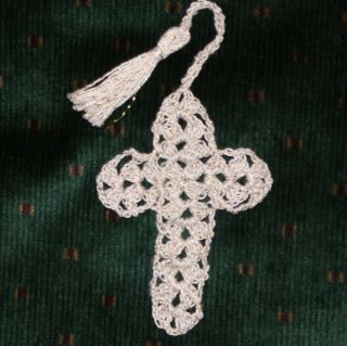Crocheted Cross Bookmark Cream with Gold Sparkle