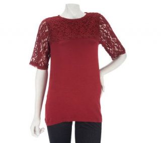 LOGO by Lori Goldstein Elbow Sleeve Knit Top with Lace Detail 